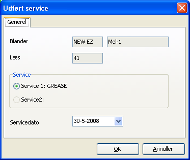 Vælg den udførte service og den dato, servicen er foretaget. Gem oplysningerne om den udførte service ved at trykke "OK".