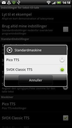 Vælg Svox Classic TTS.
