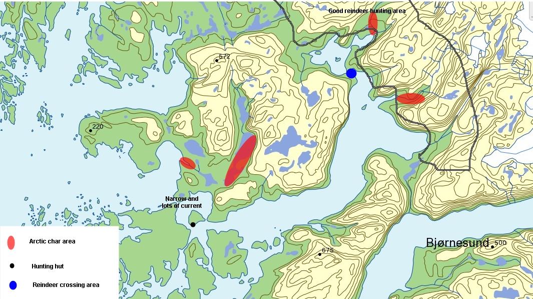 - 57 - Projektomr åde Figur 5-7 Kort over projektområdet viser de gode jagtområder for rensdyr og områder for ørredfiskeri ifølge de lokale fiskere og jægere (basiskort NunaGIS, april 2011).