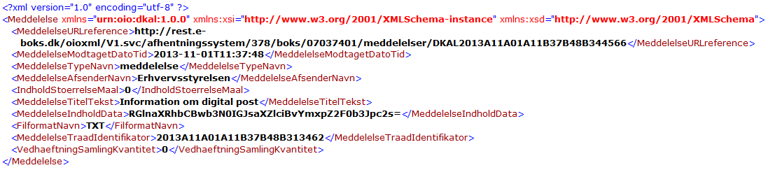 G.3.2 Eksempel på XML Nedenfor er vist et eksempel på XML, som vil kunne blive afleveret til servicen. G.3.3 XSD-skemaer og tegnsæt XML en der udveksles er underlagt OIOXML standarden.