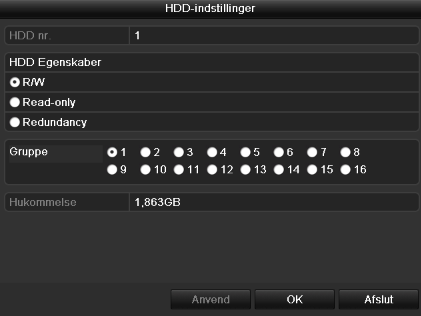 HDD Kameraets harddiskindstillinger Klik på undermenuen Udvidede indstillinger Modus: Kvote Klik på Redigér -symbolet. Der vises et pop-up-vindue: Fastlæg den maks.