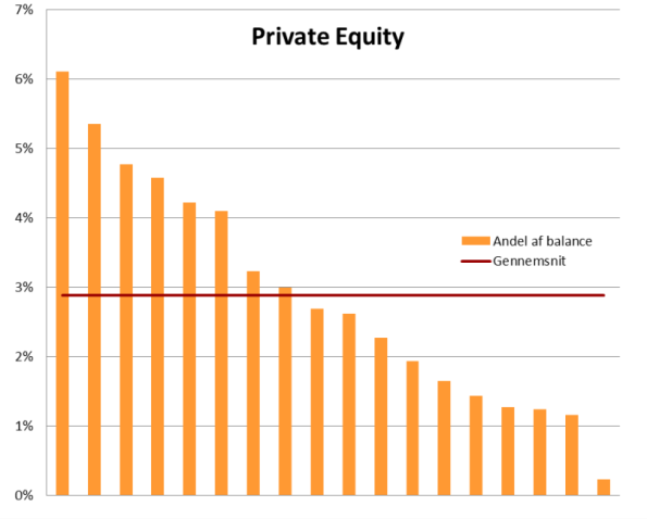 Figur 6 Procentvis andel af "private equity" i L&P-selskabernes balance. Note: Hver orange søjle repræsenterer 1 L&P Virksomhed.