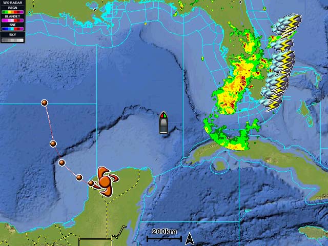 Stormcelleikoner ➊ på nedbørskortet for vejret indikerer både den aktuelle position for en storm samt den projicerede bane for stormen i nær fremtid.