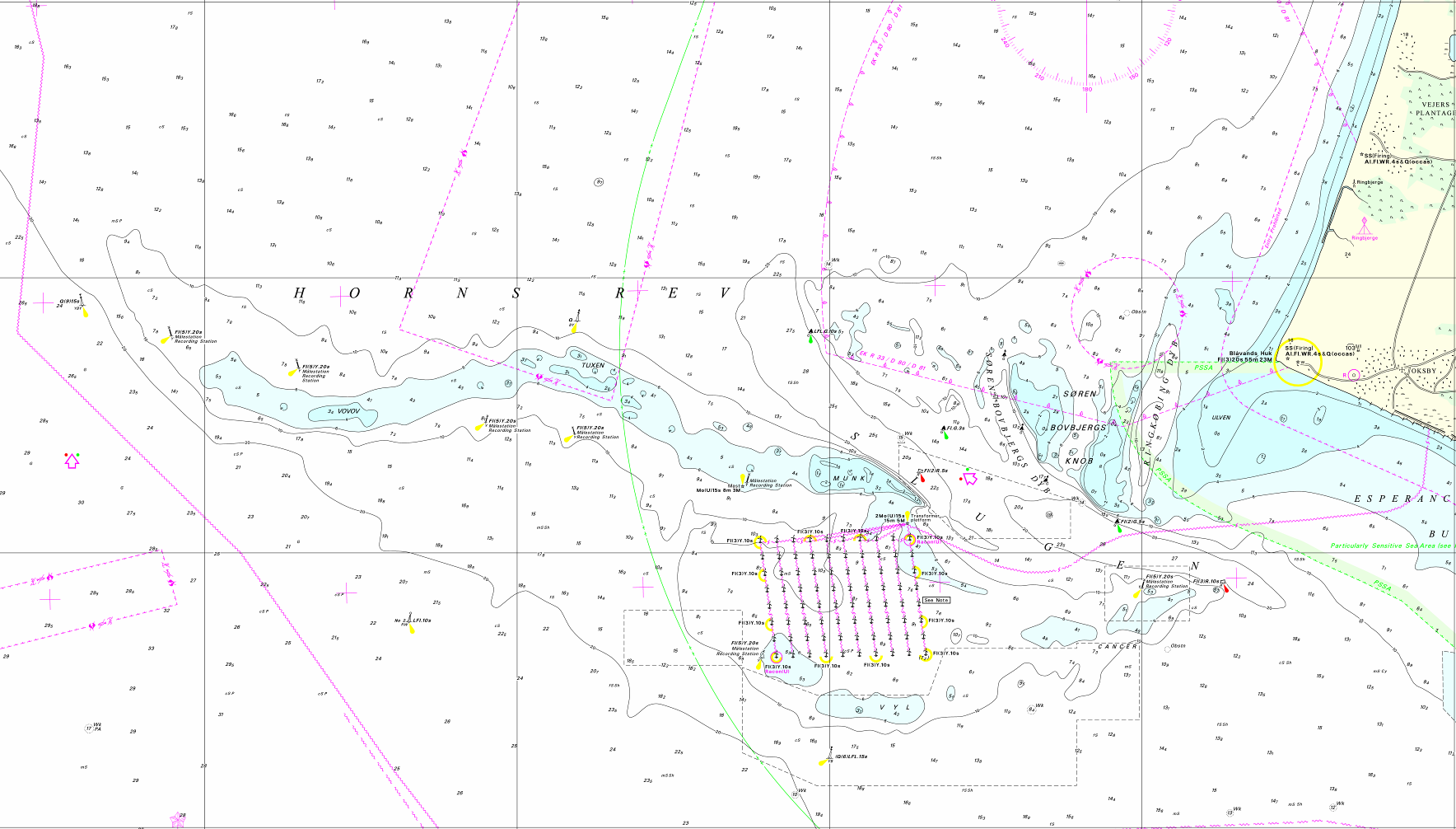 Figure 3.1 Bathymetric map of the Horns Rev area, extract of Sea Chart 61. Locations of Horns Rev 1 and 2 are indicated.