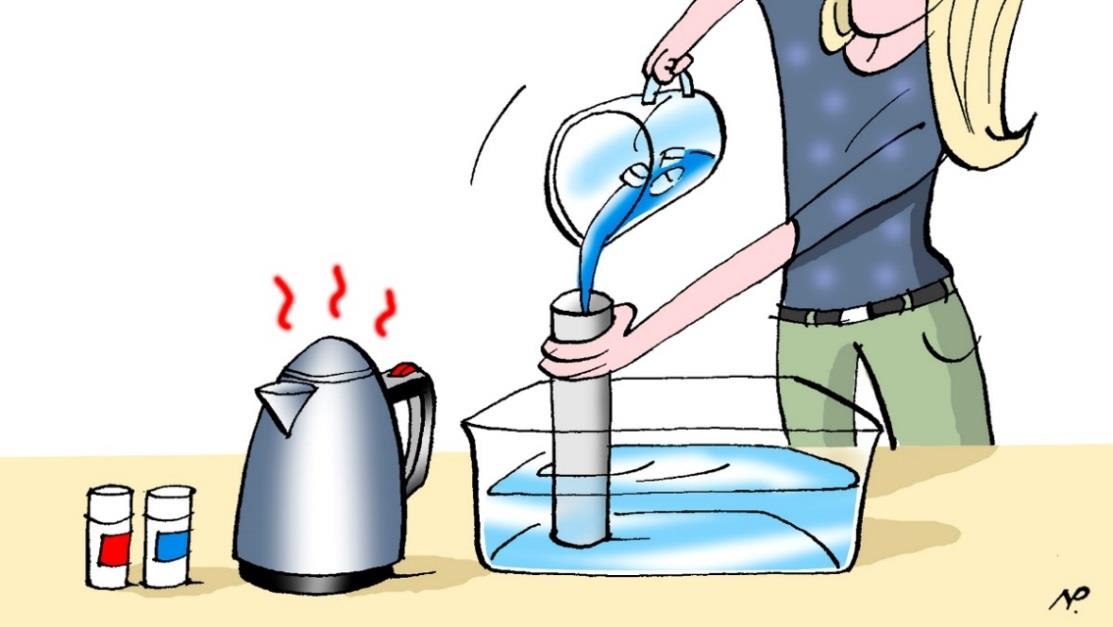 højde på 6-7cm. Sæt et køkkenrulle-paprør i vandet. Hæld 1 dl blåfarvet iskoldt vand i røret. Lad vandet falde til ro og løft derefter røret langsomt op ad vandet.
