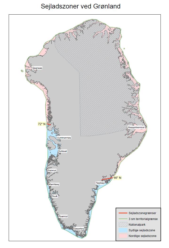 Bilag 1. Sejladszoner ved Grønland De to sejladszoner, der fremgår af nedenstående kort, strækker sig ud til 3 sømil fra basislinjen, og dækker indre og ydre territorialfarvand på Grønland.