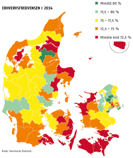Erhvervsfrekvens (#48) Helsingør Kommune har en erhvervsfrekvens på 75,6 %, hvilket placerer kommunen i den midterste kategori.