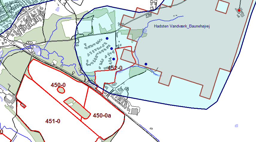 Boringer ved Haxholm Vandværk og Houlbjerg Vandværk. Indvindingsoplande (blåt) og grundvandsdannende opland (brunt).