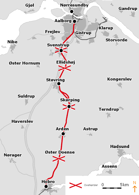 5 Nedlæggelse af overkørsler Nedlæggelse af overkørsler I Skørping, Ellidshøj og Svenstrup er det nødvendigt at nedlægge overkørslerne for at kunne sætte hastigheden op på jernbanen.