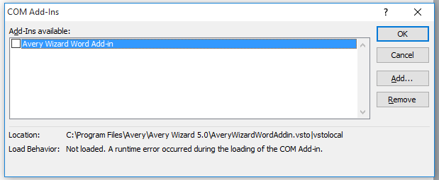 Avery-guide @Windows 10 & 64-bit Office 2010 Kontroller, om COM-tilføjelsesprogrammer viser en "runtime"-fejl.