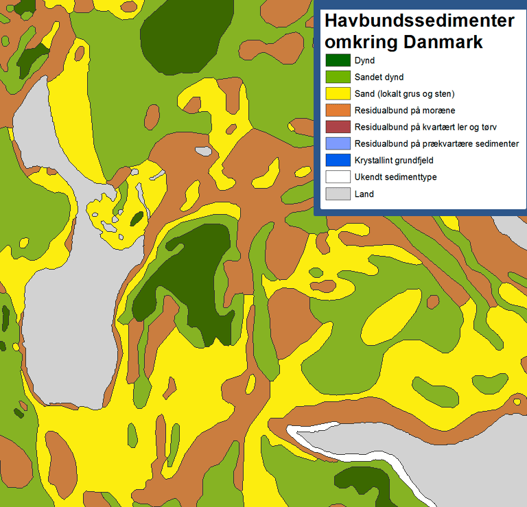 Figur 7. Marine sedimenttyper. Havbruget er placeret på en lokalitet med sand og residualbund på moræne. 2.