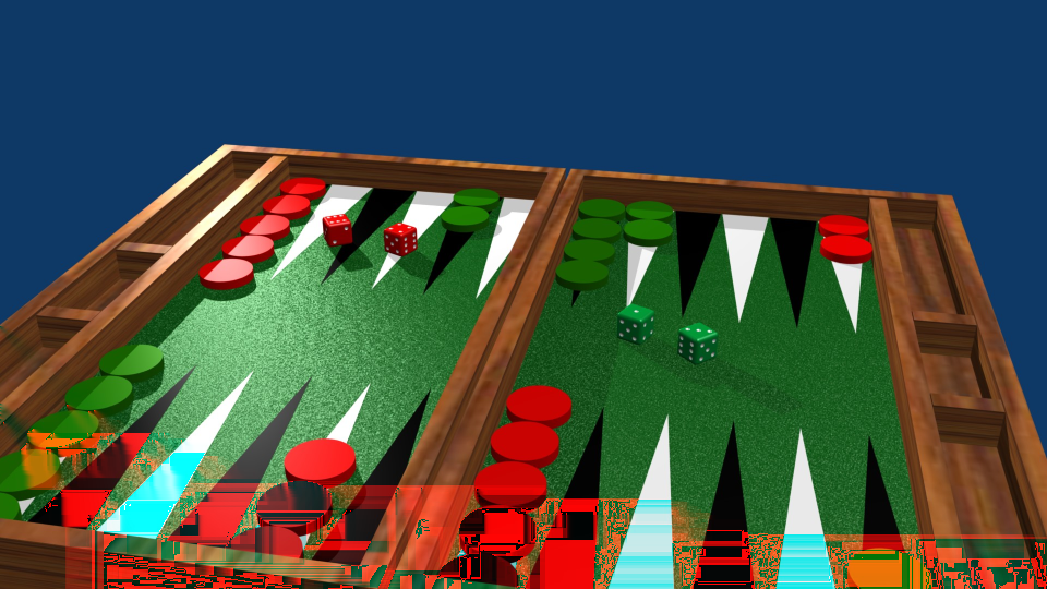 (a) Billedet er lavet i Blender, et opensource 3D-modellerings- og renderingsprogram. Figur 1.2: Et backgammonbræt. hvornår man skal tilbyde og acceptere doubling.