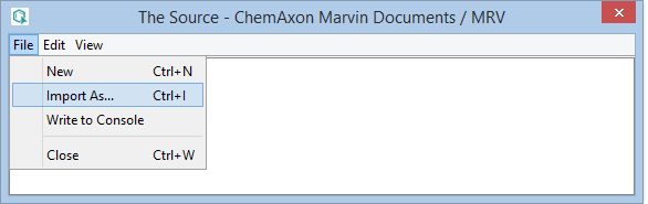 ACGT, A-C-G-T, dadcdgdt eller da-dc-dg-dt. Se Figur 12. I menuen i vinduet The Source - ChemAxon Marvin Documents/MRV vælges under File, Import As. Alternativt kan man benytte genvejen Ctrl+i.