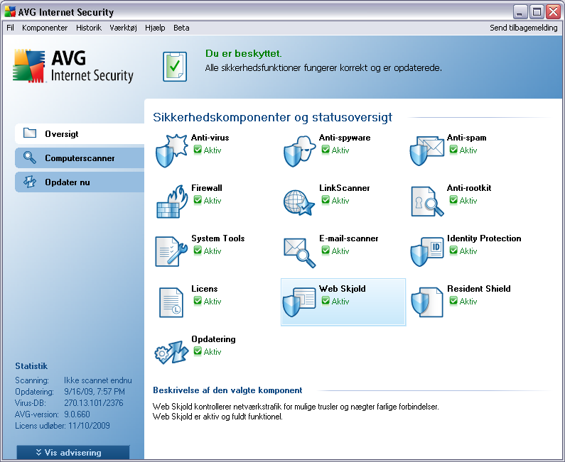 7. AVG-brugerflade AVG 9 Internet-sikkerhed åbn med hovedvinduet: Hovedvinduet er opdelt i flere sektioner: Systemmenuen (den øverste systemlinje i Windows) er standardnavigationen, du bruger til at