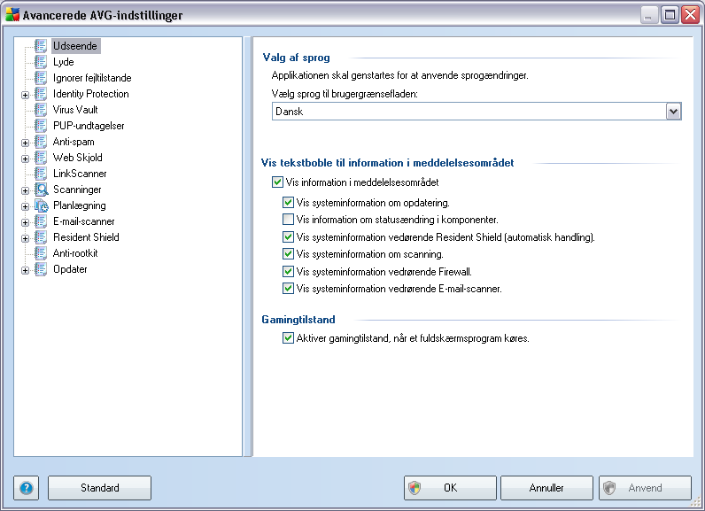 9. AVG Avancerede indstillinger Den avancerede konfigurationsdialog i AVG 9 Internet-sikkerhed åbnes i et nyt vindue med navnet Avancerede AVG-indstillinger.