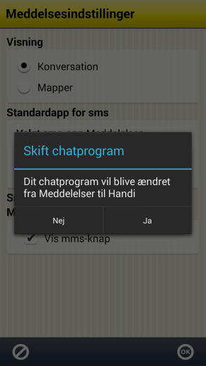 3.1.2 Standardapp for sms Gælder kun fra Android-version 4.4. Når Handi ikke er valgt som standardapp for sms, kan man indstille det her ved at trykke på knappen Vælg Handi som standard.