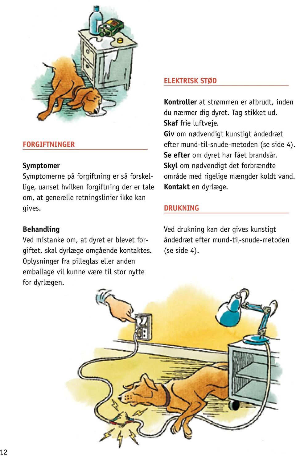 Kontroller at strømmen er afbrudt, inden du nærmer dig dyret. Tag stikket ud. Skaf frie luftveje. Giv om nødvendigt kunstigt åndedræt efter mund-til-snude-metoden (se side 4).