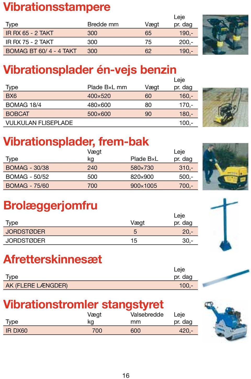 Vibrationsplader, frem-bak Vægt kg Plade B L Bomag - 30/38 240 580 730 310,- Bomag - 50/52 500 820 900 500,- Bomag - 75/60 700 900 1005 700,-