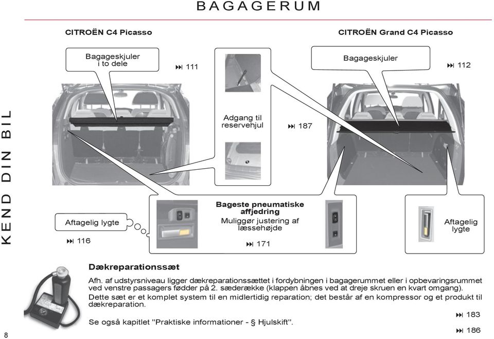 af udstyrsniveau ligger dækreparationssættet i fordybningen i bagagerummet eller i opbevaringsrummet ved venstre passagers fødder på 2.