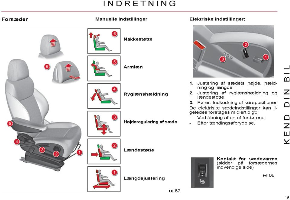 Fører: Indkodning af kørepositioner De elektriske sædeindstillinger kan ligeledes foretages midlertidigt: - Ved åbning af en