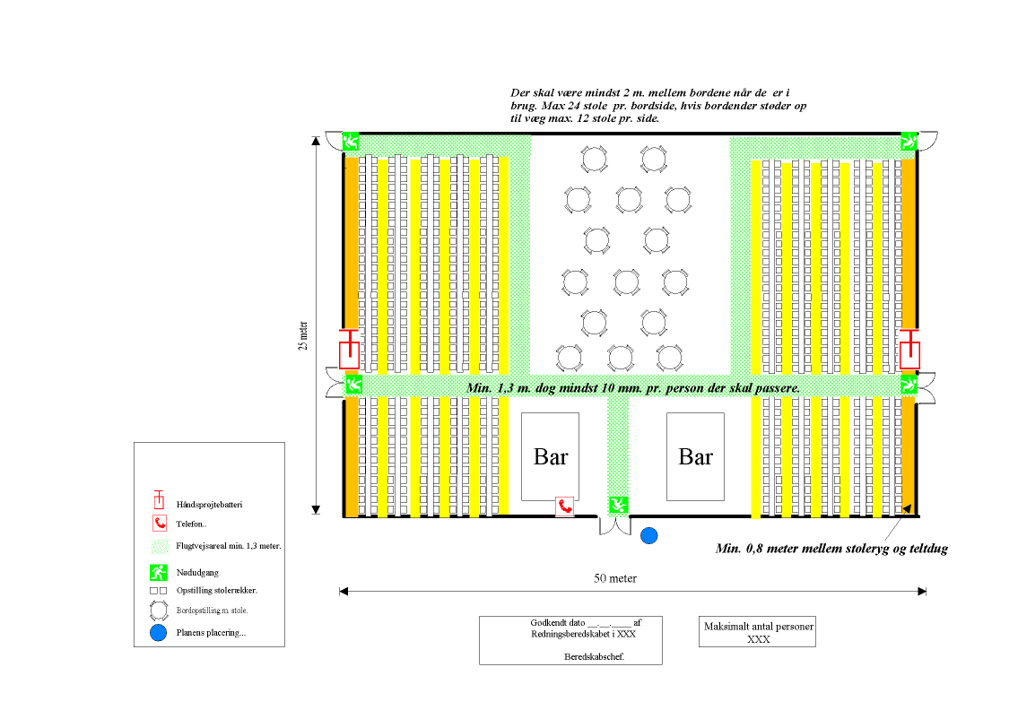 Figur 9. Eksempel på mere detaljeret pladsfordelingsplan. De grønne områder illustrere det krævede gangareal (flugtvejsareal). De gule områder illustrerer den nødvendige afstand mellem stolerygge.