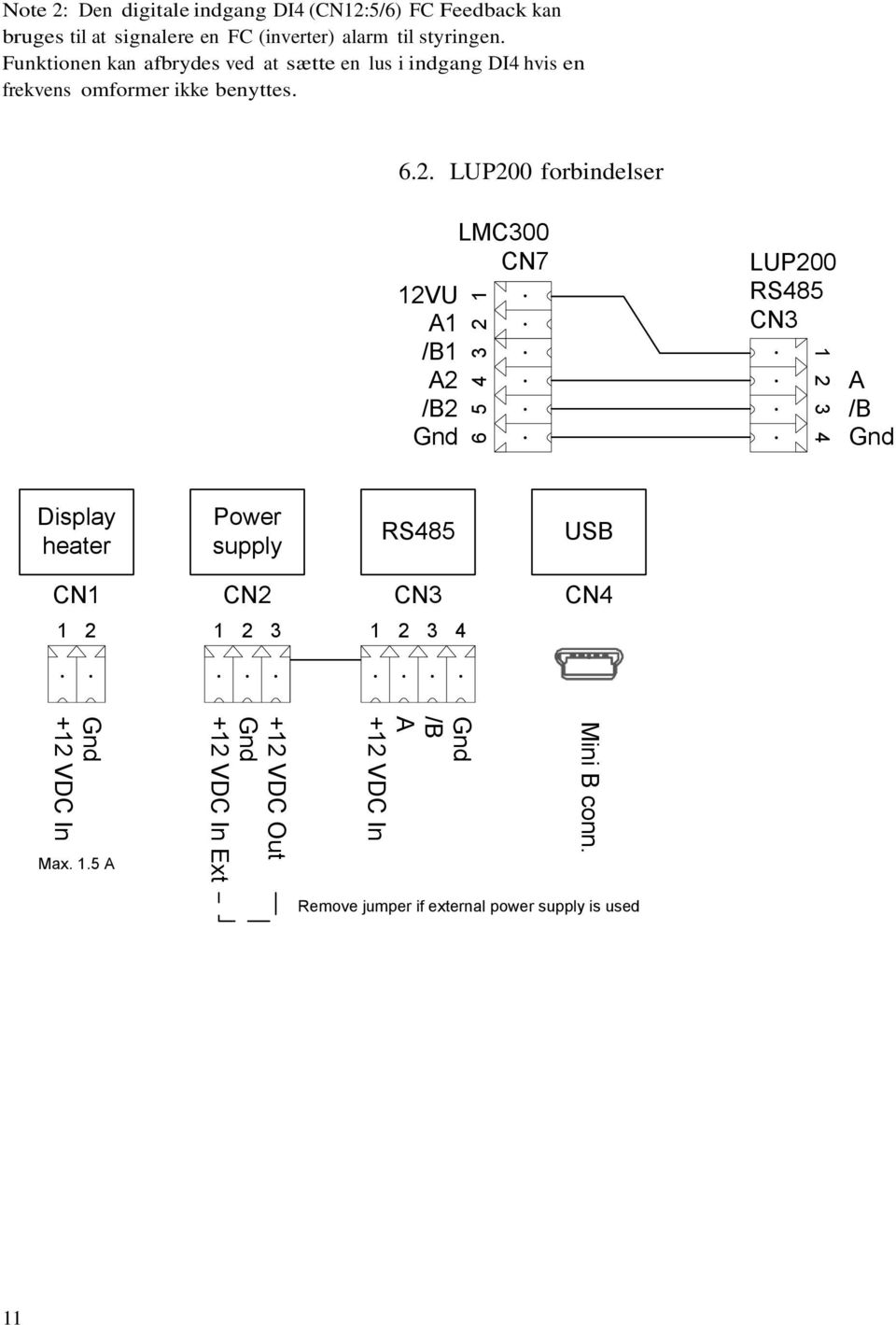 LUP200 forbindelser LMC300 CN7 12VU A1 /B1 A2 /B2 Gnd 6 5 4 3 2 1 LUP200 RS485 CN3 1 2 3 4 A /B Gnd Display heater Power supply RS485