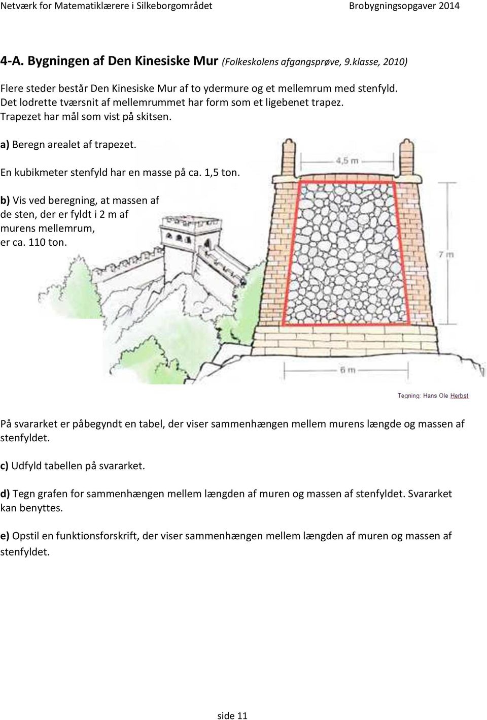 b) Vis ved beregning, at massen af de sten, der er fyldt i 2 m af murens mellemrum, er ca. 110 ton.