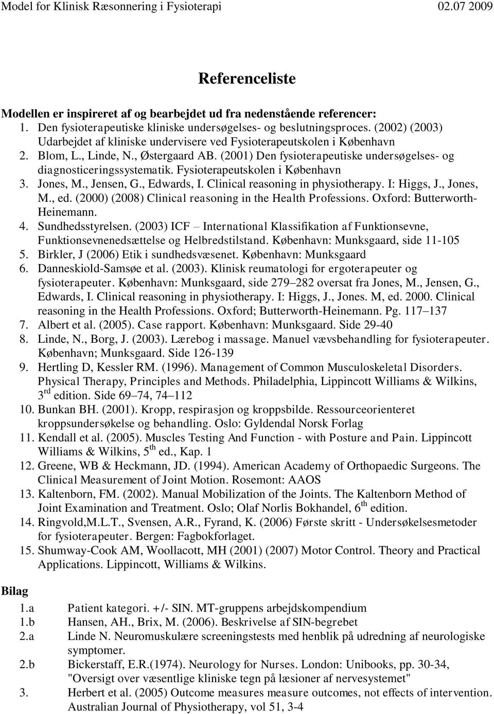 Fysioterapeutskolen i København 3. Jones, M., Jensen, G., Edwards, I. Clinical reasoning in physiotherapy. I: Higgs, J., Jones, M., ed. (2000) (2008) Clinical reasoning in the Health Professions.