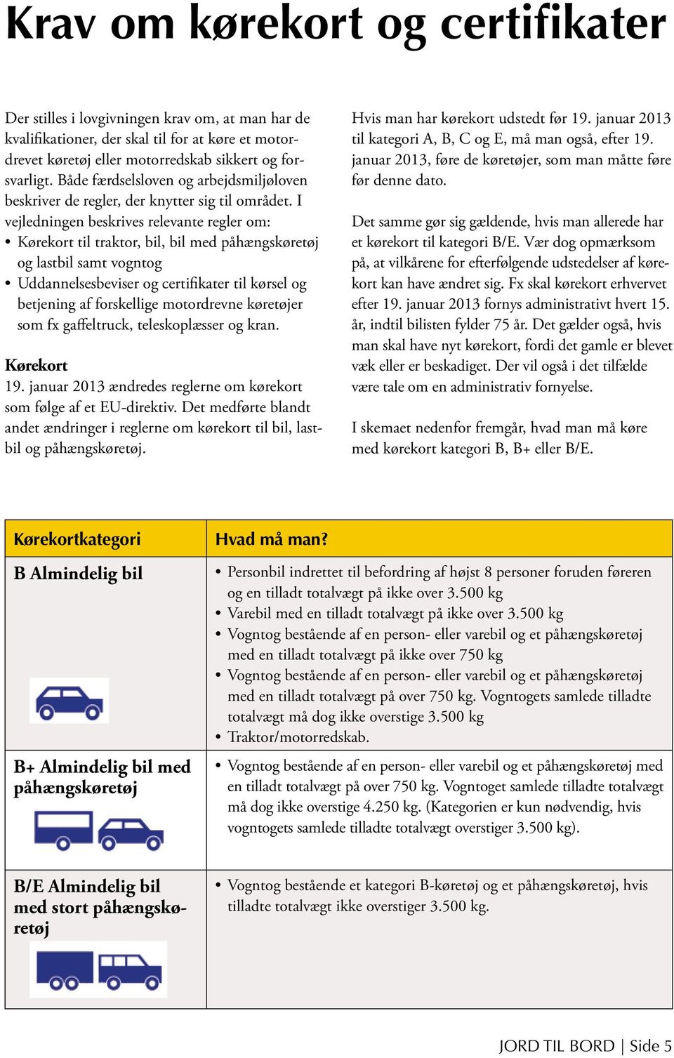 I vejledningen beskrives relevante regler om: Kørekort til traktor, bil, bil med påhængskøretøj og lastbil samt vogntog Uddannelsesbeviser og certifikater til kørsel og betjening af forskellige