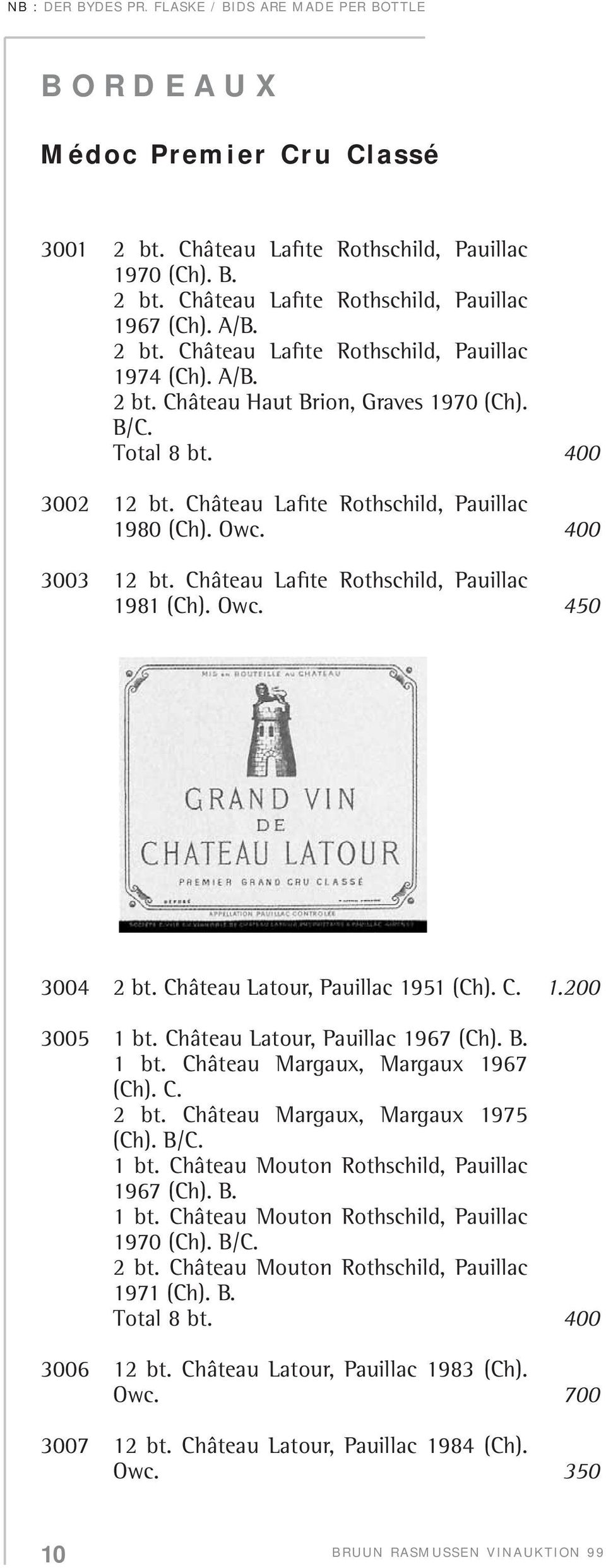 Owc. 450 3004 2 bt. Château Latour, Pauillac 1951 (Ch). C. 1.200 3005 1 bt. Château Latour, Pauillac 1967 (Ch). B. 1 bt. Château Margaux, Margaux 1967 (Ch). C. 2 bt. Château Margaux, Margaux 1975 (Ch).