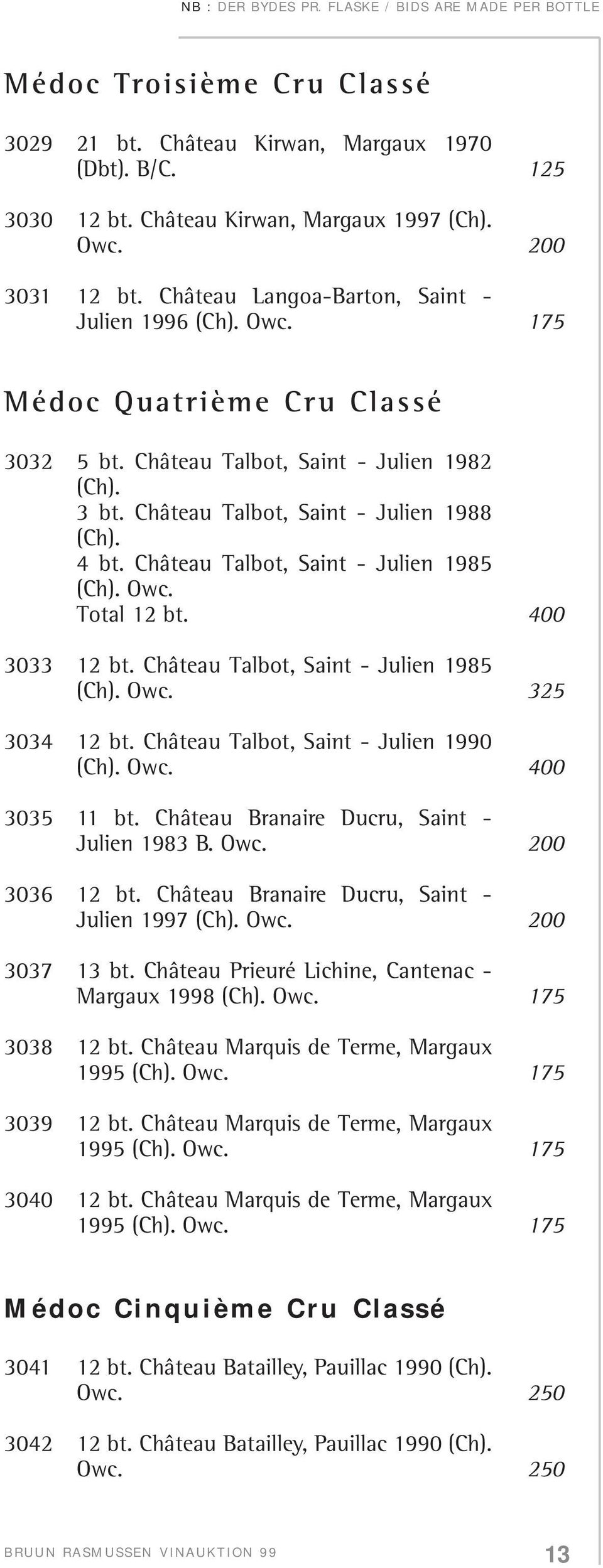 Total 12 bt. 400 3033 12 bt. Château Talbot, Saint - Julien 1985 (Ch). Owc. 325 3034 12 bt. Château Talbot, Saint - Julien 1990 (Ch). Owc. 400 3035 11 bt.