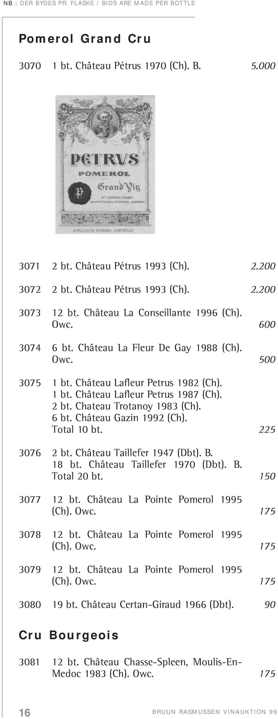 Total 10 bt. 225 3076 2 bt. Château Taillefer 1947 (Dbt). B. 18 bt. Château Taillefer 1970 (Dbt). B. Total 20 bt. 150 3077 12 bt. Château La Pointe Pomerol 1995 (Ch). Owc. 175 3078 12 bt.