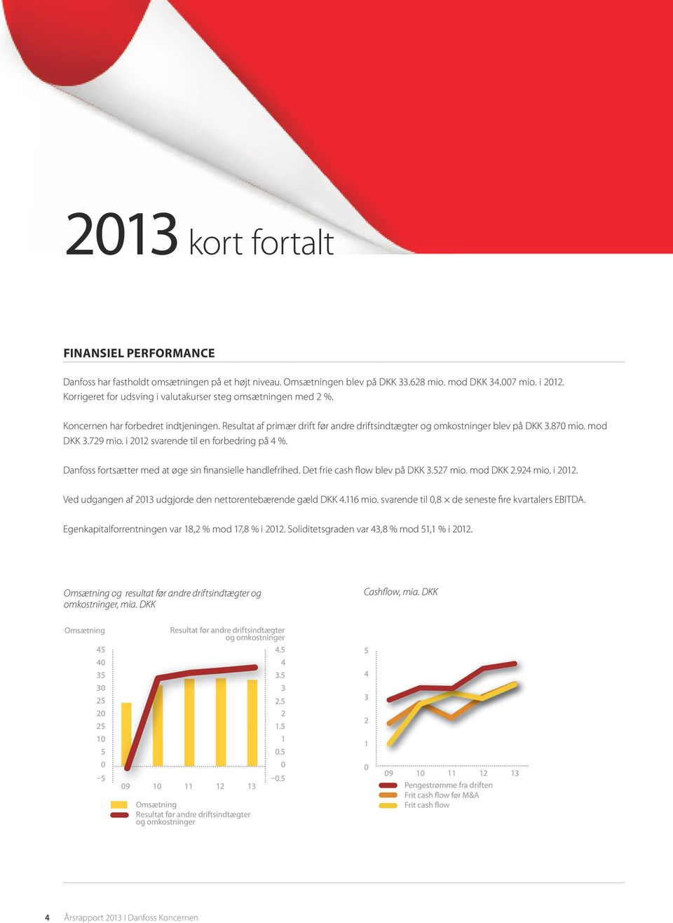 729 mio. i 2012 svarende til en forbedring på 4 %. Danfoss fortsætter med at øge sin finansielle handlefrihed. Det frie cash flow blev på DKK 3.527 mio. mod DKK 2.924 mio. i 2012. Ved udgangen af 2013 udgjorde den nettorentebærende gæld DKK 4.