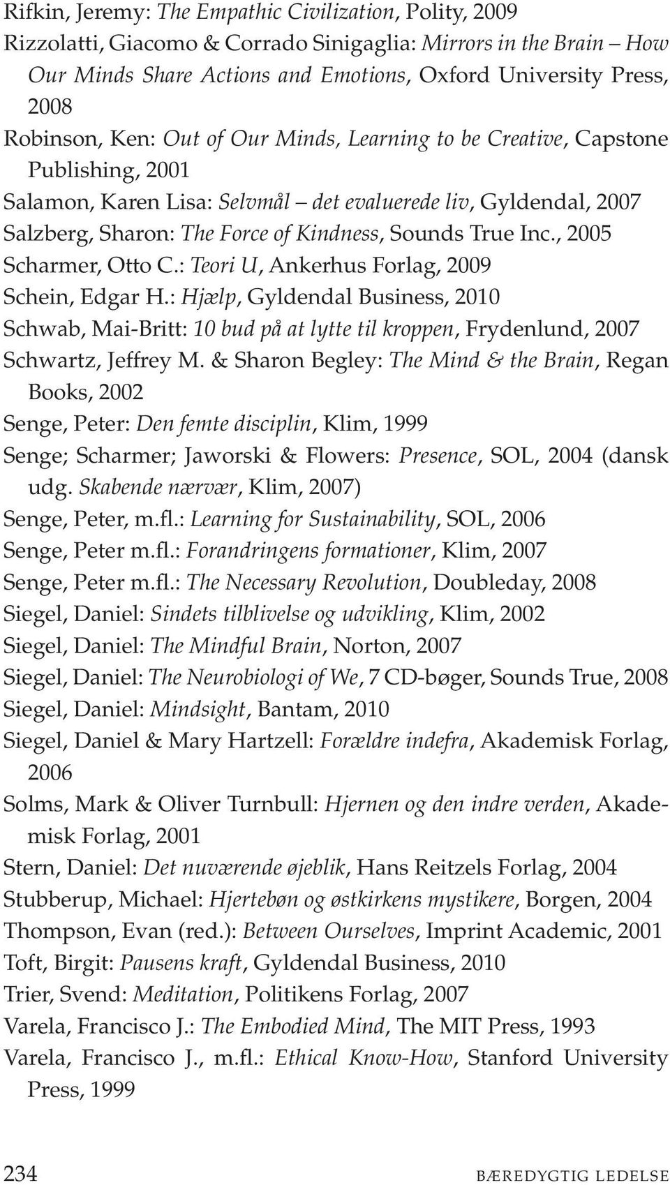 , 2005 Scharmer, Otto C.: Teori U, Ankerhus Forlag, 2009 Schein, Edgar H.: Hjælp, Gyldendal Business, 2010 Schwab, Mai-Britt: 10 bud på at lytte til kroppen, Frydenlund, 2007 Schwartz, Jeffrey M.
