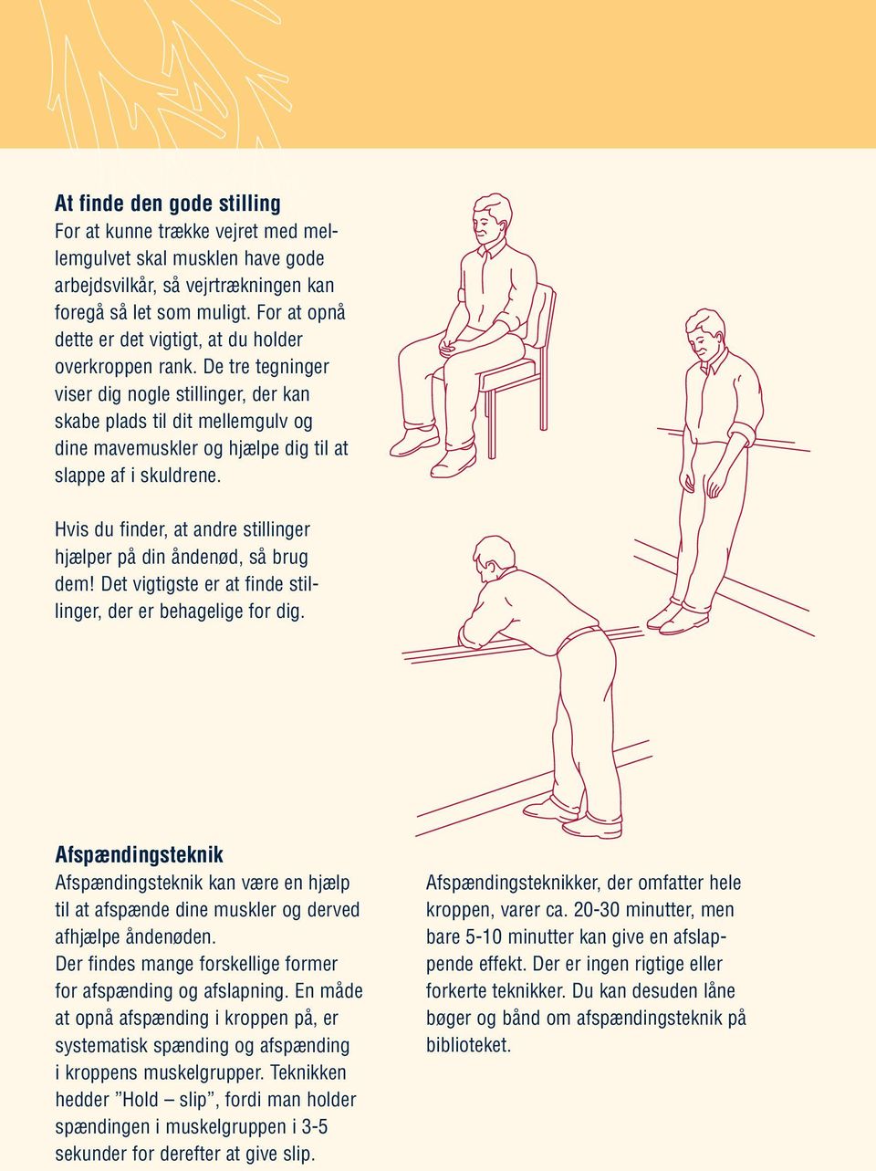 De tre tegninger viser dig nogle stillinger, der kan skabe plads til dit mellemgulv og dine mavemuskler og hjælpe dig til at slappe af i skuldrene.