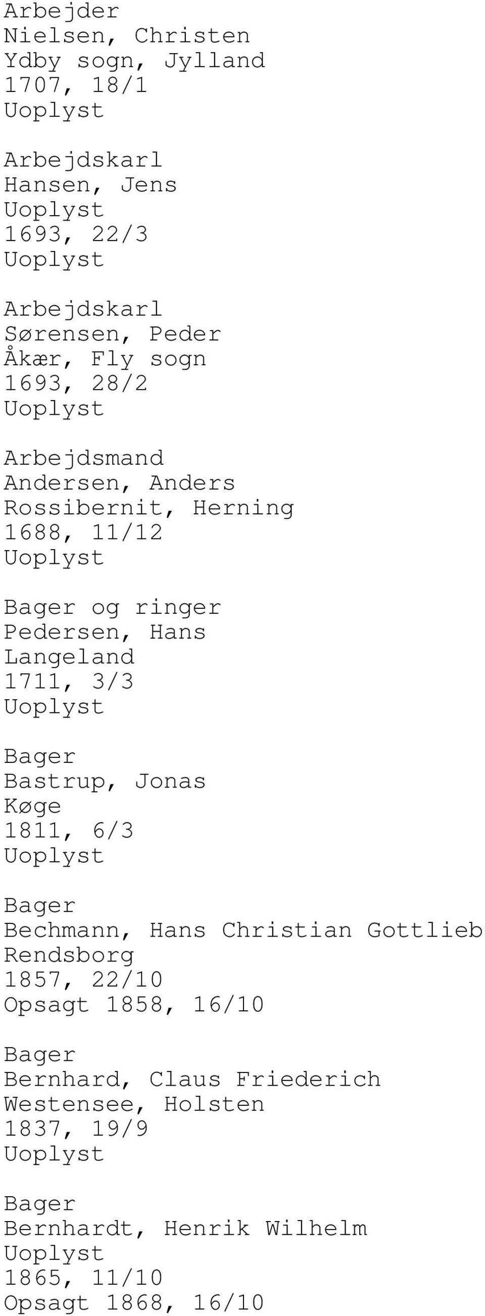 Langeland 1711, 3/3 Bager Bastrup, Jonas 1811, 6/3 Bager Bechmann, Hans Christian Gottlieb Rendsborg 1857, 22/10 Opsagt