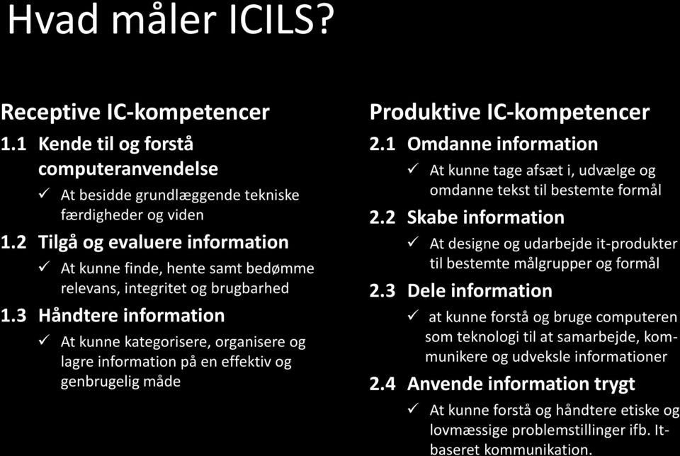 3 Håndtere information At kunne kategorisere, organisere og lagre information på en effektiv og genbrugelig måde Produktive IC-kompetencer 2.