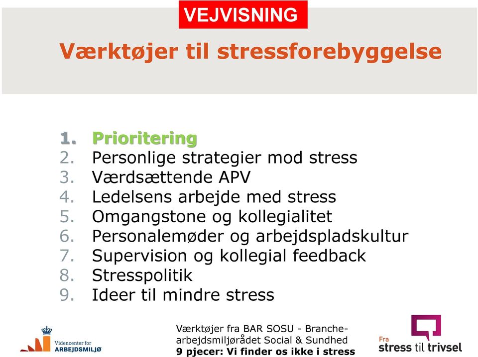 Personalemøder og arbejdspladskultur 7. Supervision og kollegial feedback 8. Stresspolitik 9.