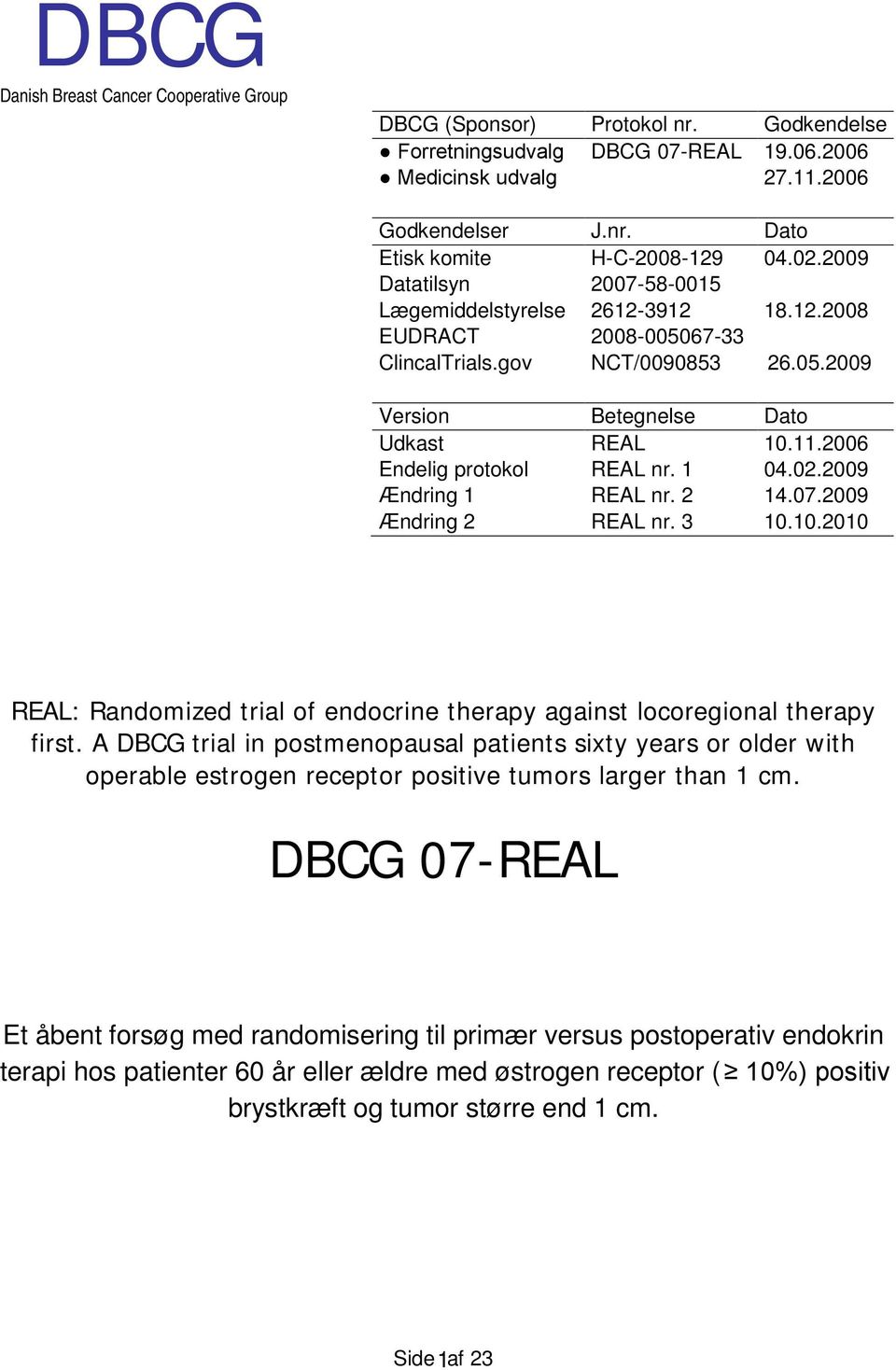 2006 Endelig protokol REAL nr. 1 04.02.2009 Ændring 1 REAL nr. 2 14.07.2009 Ændring 2 REAL nr. 3 10.10.2010 REAL: Randomized trial of endocrine therapy against locoregional therapy first.