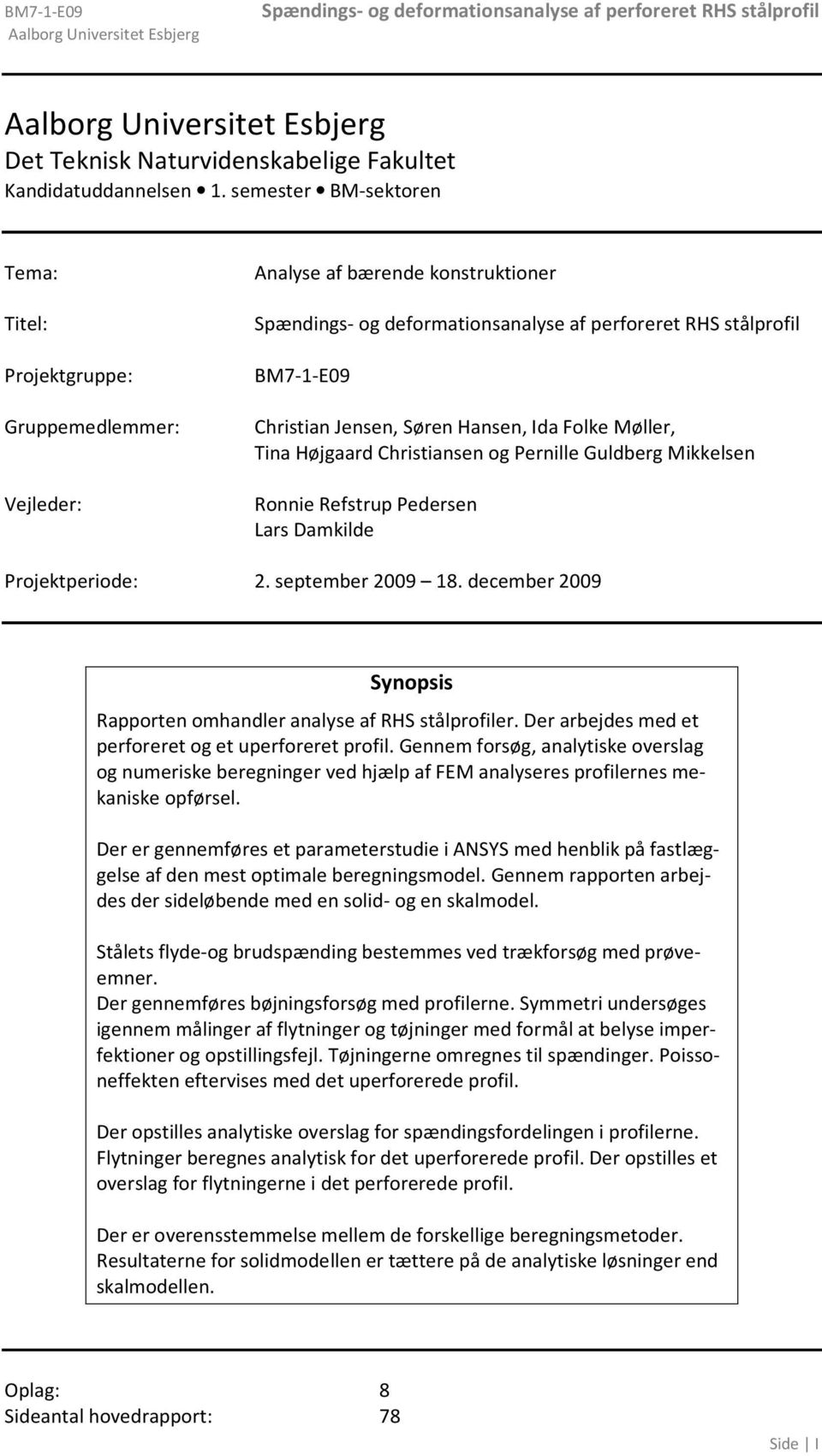 Pernille Guldberg Mikkelsen Ronnie Refstrup Pedersen Lars Damkilde Projektperiode: 2. september 2009 18. december 2009 Synopsis Rapporten omhandler analyse af RHS stålprofiler.
