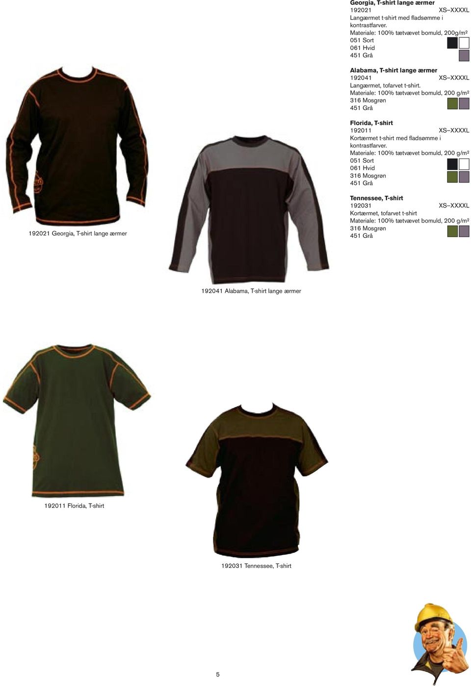 Materiale: 00% tætvævet bomuld, 00 g/m² 6 Mosgrøn 45 Grå Florida, T-shirt 90 XS XXXXL Kortærmet t-shirt med fladsømme i kontrastfarver.