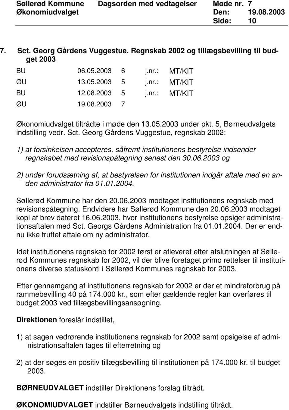 Georg Gårdens Vuggestue, regnskab 2002: 1) at forsinkelsen accepteres, såfremt institutionens bestyrelse indsender regnskabet med revisionspåtegning senest den 30.06.