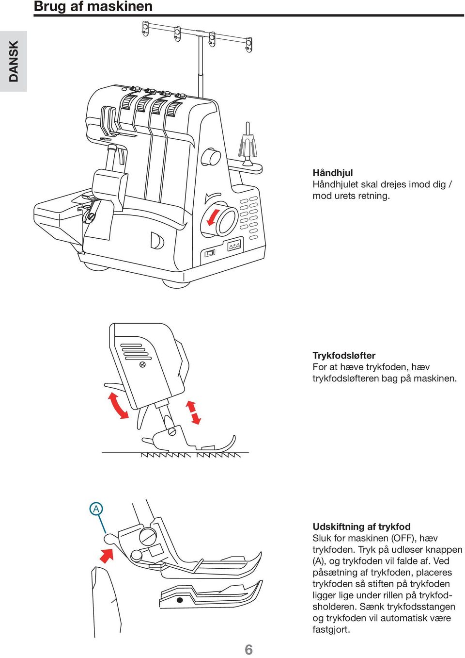 A 6 Udskiftning af trykfod Sluk for maskinen (OFF), hæv trykfoden.