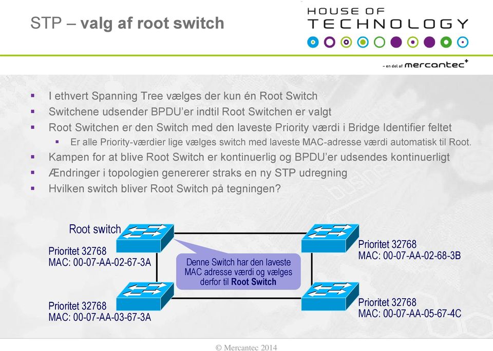Kampen for at blive Root Switch er kontinuerlig og BPDU er udsendes kontinuerligt Ændringer i topologien genererer straks en ny STP udregning Hvilken switch bliver Root Switch på tegningen?
