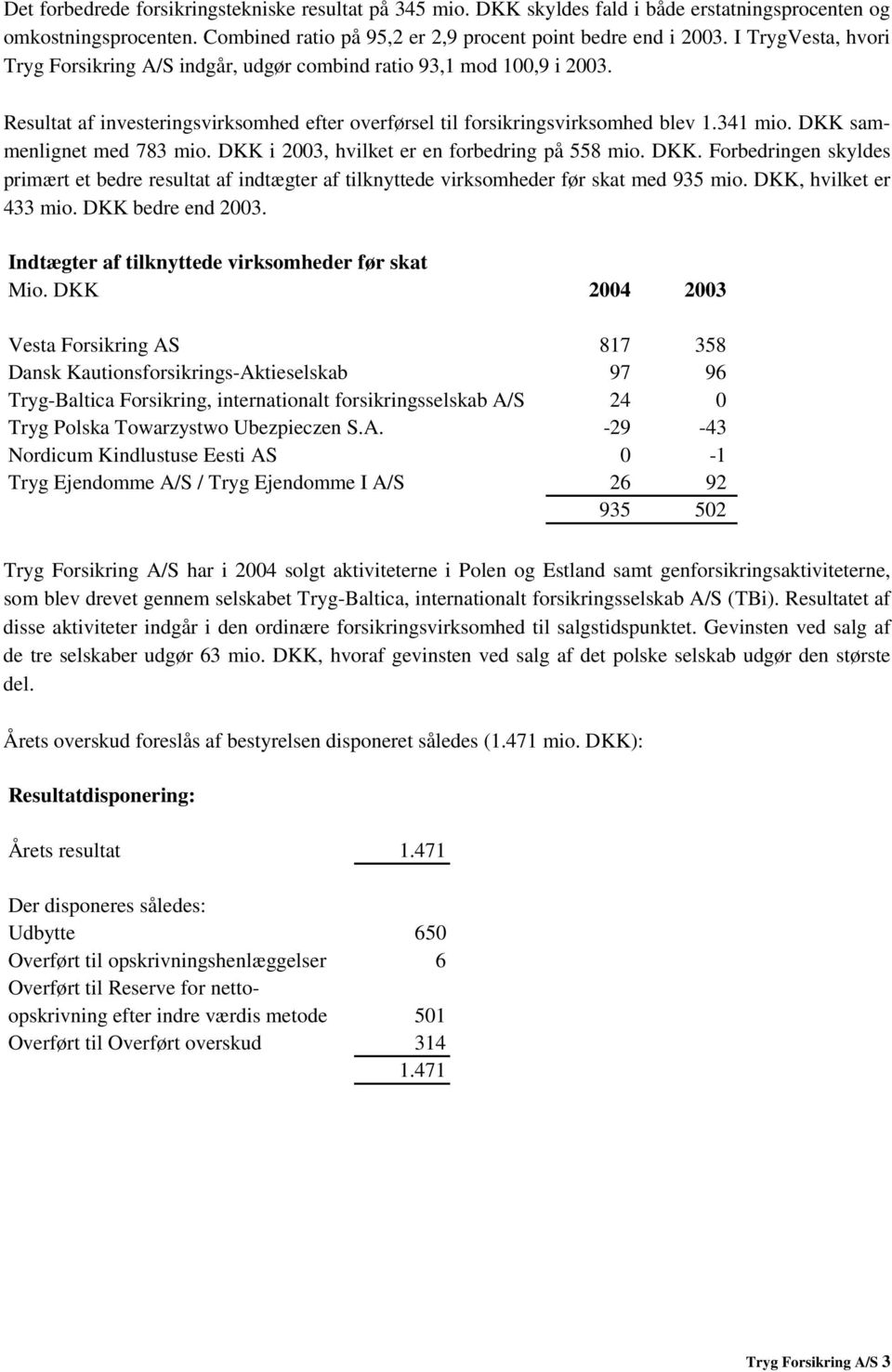 DKK sammenlignet med 783 mio. DKK i 2003, hvilket er en forbedring på 558 mio. DKK. Forbedringen skyldes primært et bedre resultat af indtægter af tilknyttede virksomheder før skat med 935 mio.