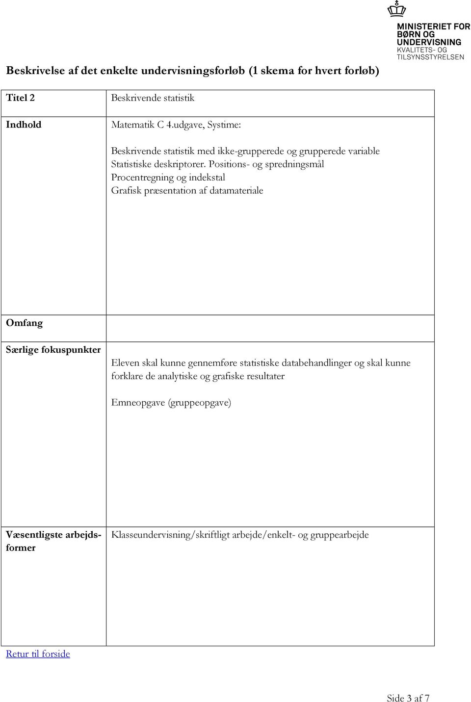 Positions- og spredningsmål Procentregning og indekstal Grafisk præsentation af