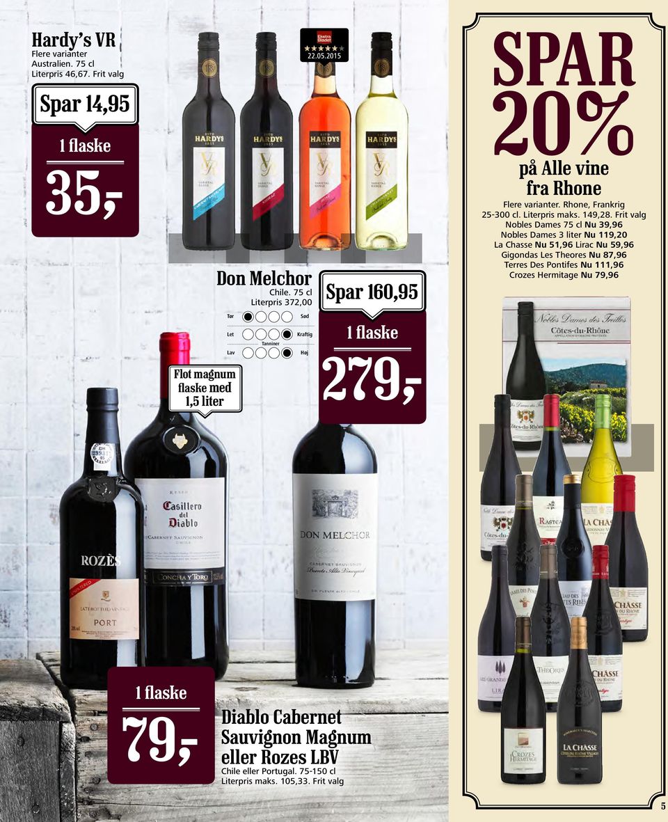 2015 Spar 160,95 1 flaske 279,- SPAR 20% på Alle vine fra Rhone. Rhone, Frankrig 25-300 cl. Literpris maks. 149,28.