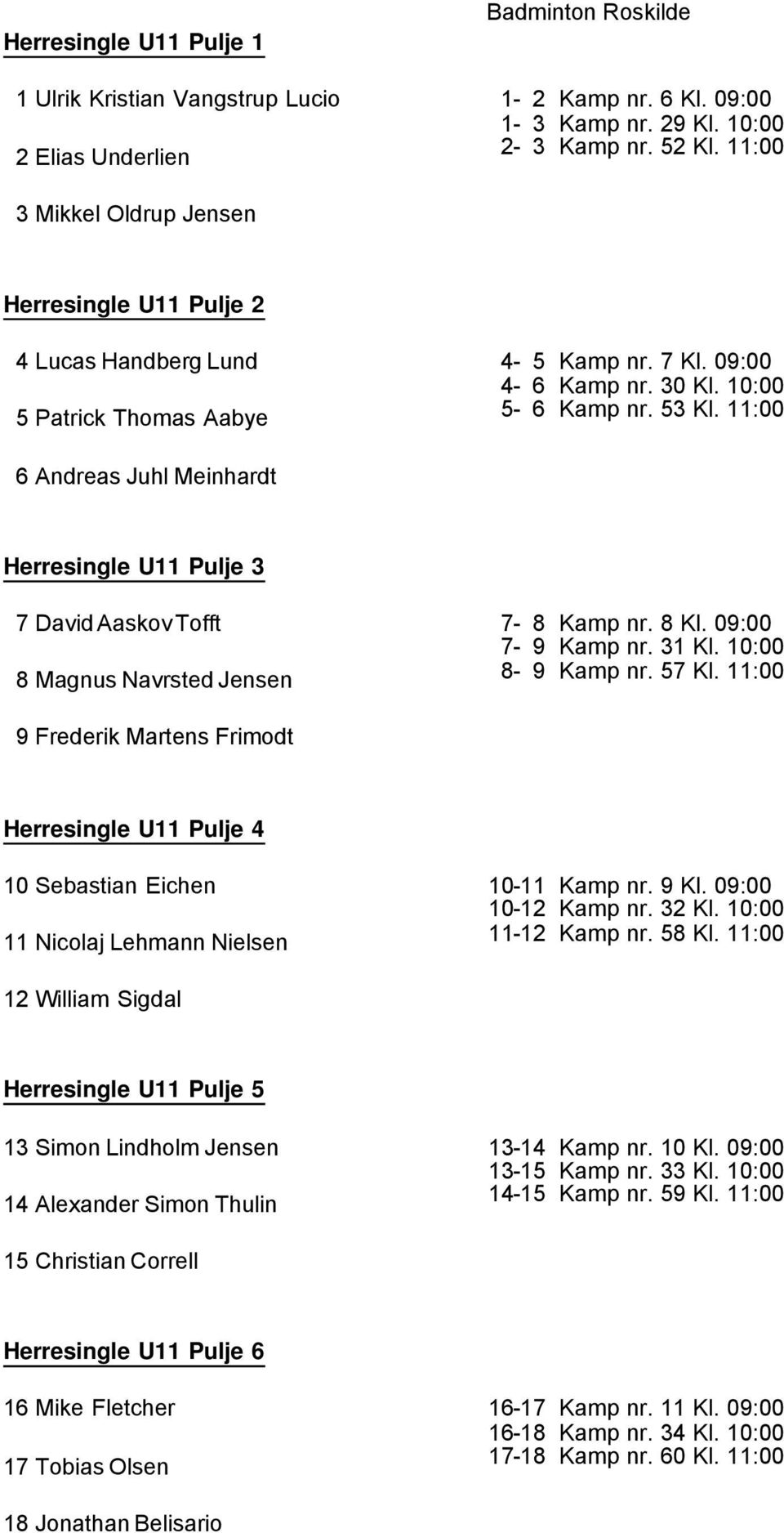 11:00 6 Andreas Juhl Meinhardt Herresingle U11 Pulje 3 7 David Aaskov Tofft 8 Magnus Navrsted Jensen 7-8 Kamp nr. 8 Kl. 09:00 7-9 Kamp nr. 31 Kl. 10:00 8-9 Kamp nr. 57 Kl.