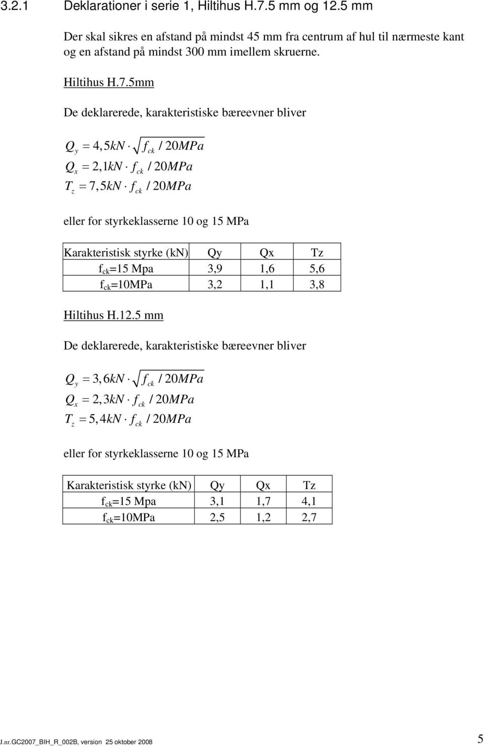 5mm De deklarerede, karakteristiske bæreevner bliver Q = 4,5 kn Q = 2,1 kn x T = 7,5 kn z eller for strkeklasserne 10 og 15 MPa Karakteristisk strke (kn) Q Qx Tz f =15
