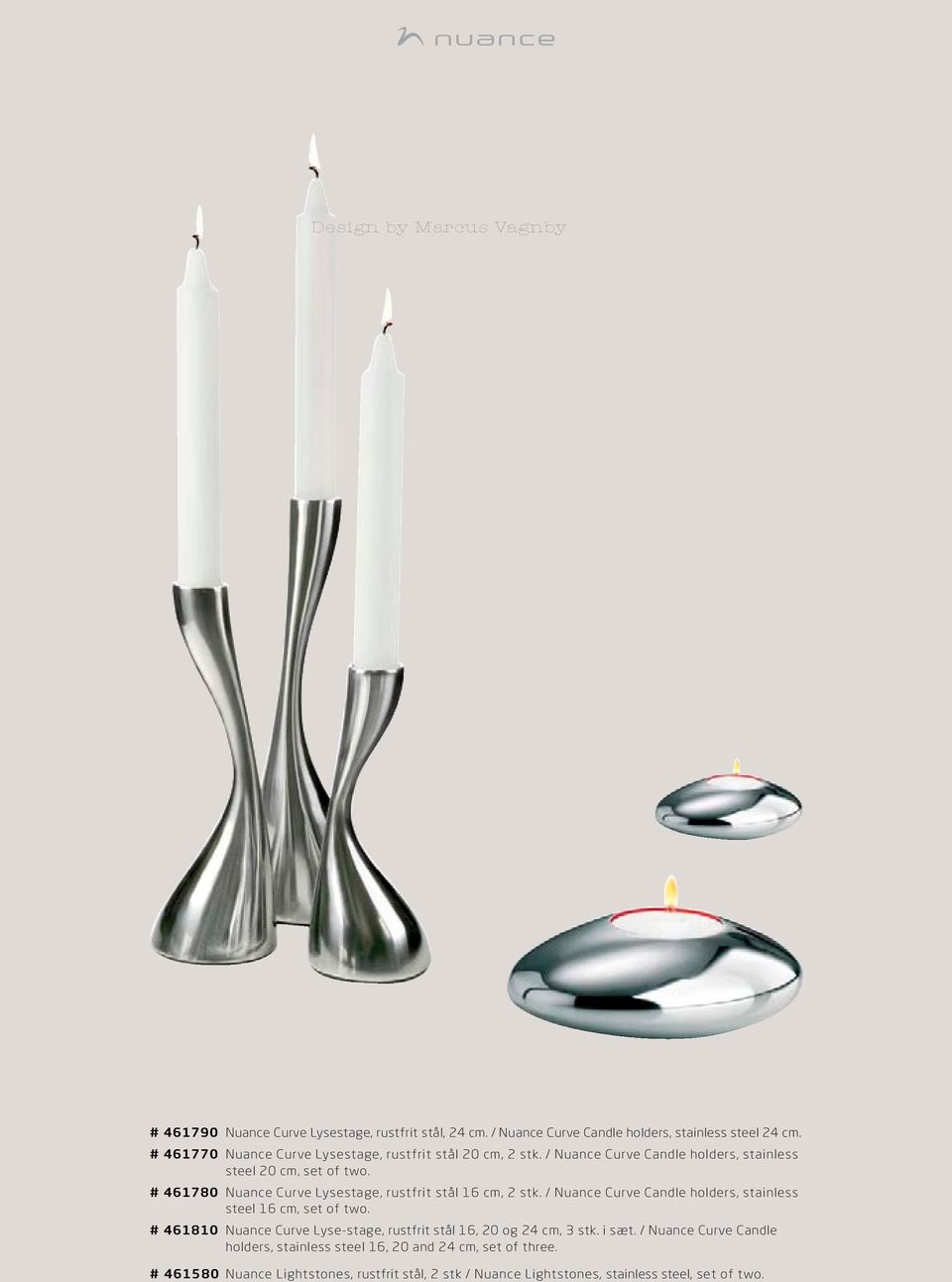 # 461780 Nuance Curve Lysestage, rustfrit stål 16 cm, 2 stk. / Nuance Curve Candle holders, stainless steel 16 cm, set of two.